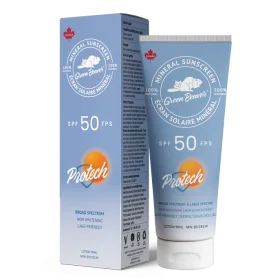 A tube of Green Beaver Protech SPF 50 Mineral Sunscreen on a white background