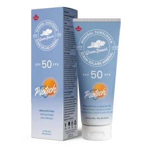 A tube of Green Beaver Protech SPF 50 Mineral Sunscreen on a white background
