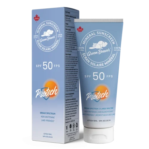 A tube of Green Beaver Protech SPF 50 Mineral Sunscreen on a white background