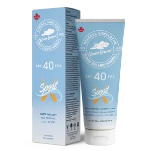 A tube of Green Beaver SPF 40 Sport Mineral Sunscreen on a white background
