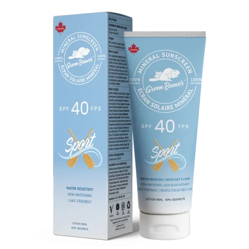 A tube of Green Beaver SPF 40 Sport Mineral Sunscreen on a white background
