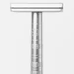Henson AL13 Safety Razor in Aircraft Aluminum standing upright on a plain white background