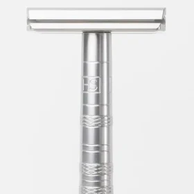 Henson AL13 Safety Razor in Aircraft Aluminum standing upright on a plain white background