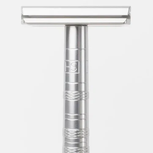 Henson AL13 Safety Razor in Aircraft Aluminum standing upright on a plain white background