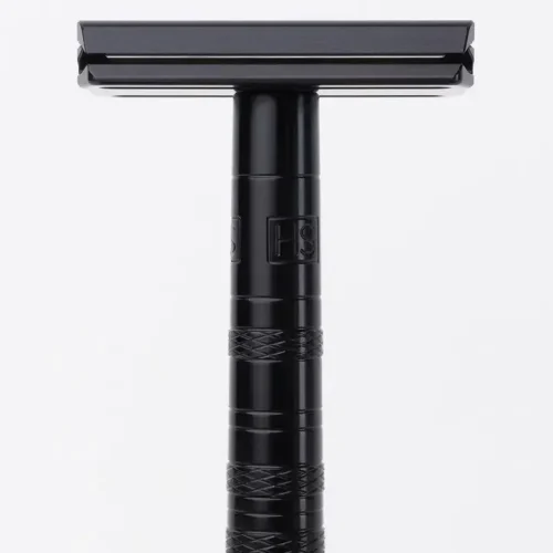 Henson AL13 Safety Razor in Aircraft Aluminum standing upright on a plain white background