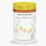 Tega Organic Cold & Flu Luxury Herbal Tea canister and pyramid bags
