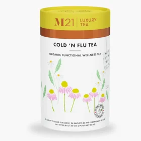 Tega Organic Cold & Flu Luxury Herbal Tea canister and pyramid bags