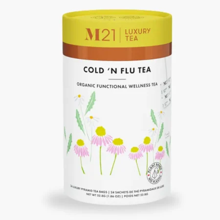 Tega Organic Cold & Flu Luxury Herbal Tea canister and pyramid bags