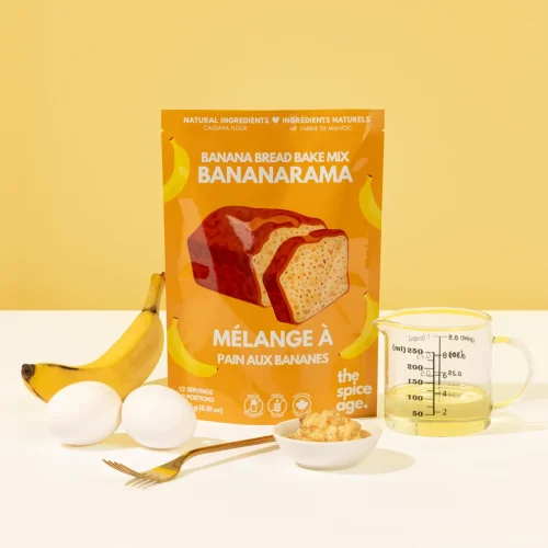 The Spice Age Bananarama Banana Bread Mix pouch on a kitchen counter