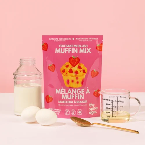 The Spice Age You Bake Me Blush Muffin Mix pouch on a kitchen counter