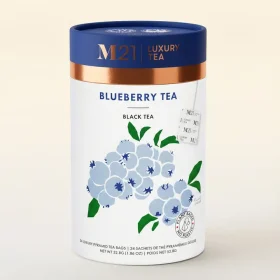 Tega Organic Blueberry Luxury Black Tea canister and pyramid bags