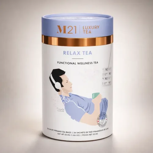 Tega Organic Relax Luxury Herbal Tea M21 canister and pyramid bags