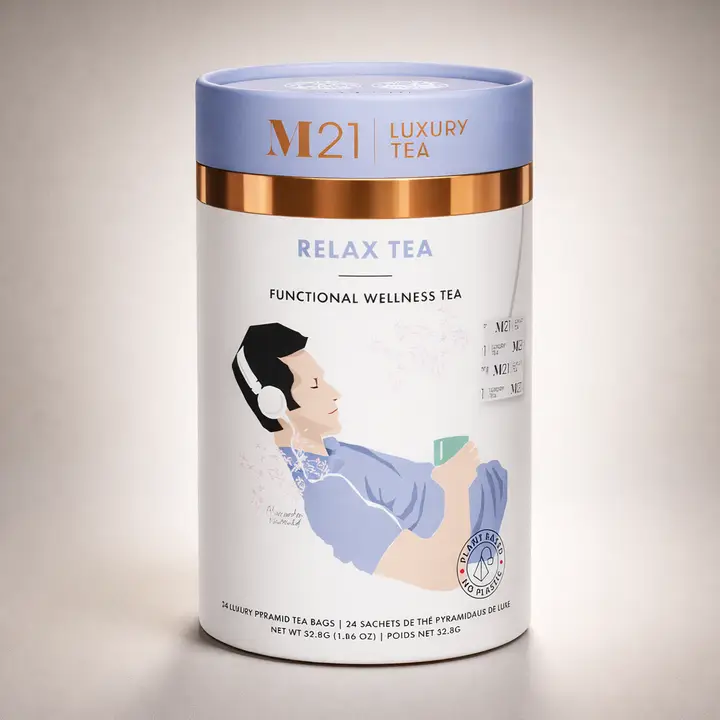 Tega Organic Relax Luxury Herbal Tea M21 canister and pyramid bags
