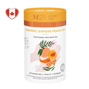Tega Organic Turmeric Ginger Peach Tea canister and pyramid bags