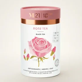 Tega Organic Rose Luxury Black Tea canister and pyramid bags