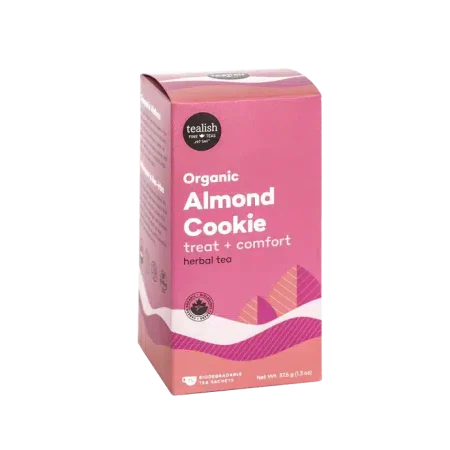 Tealish Organic Almond Cookie Herbal Tea pyramid bags and box