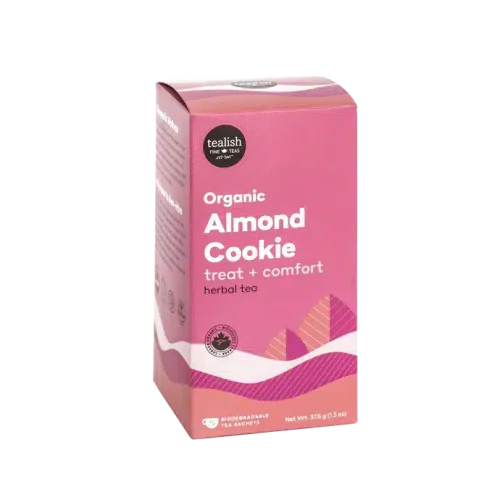 Tealish Organic Almond Cookie Herbal Tea pyramid bags and box