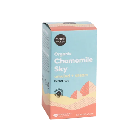 Tealish Chamomile Sky Organic Tea pyramid bags and box