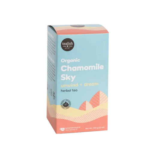 Tealish Chamomile Sky Organic Tea pyramid bags and box