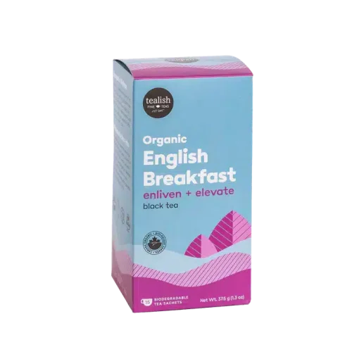 Tealish Organic English Breakfast Tea box and pyramid bags