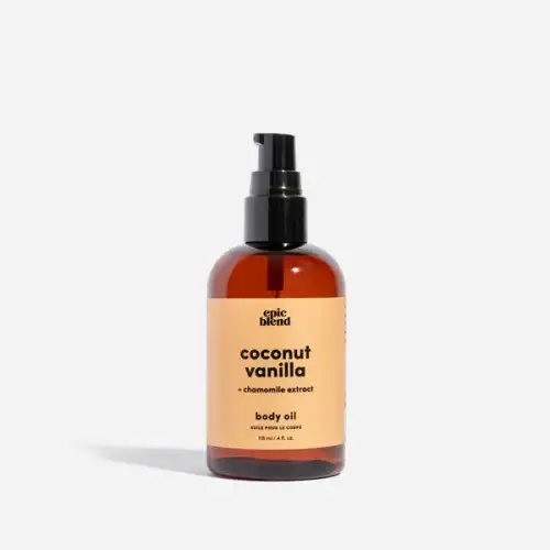 Bottle of Epic Blend Coconut Vanilla Body Oil on a clean background