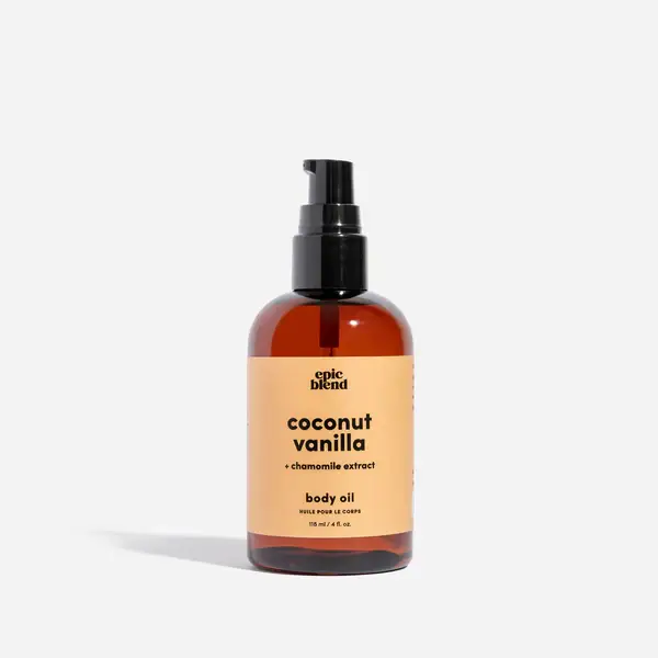 Coconut Vanilla Body Oil Epic Blend Bottle of Epic Blend Coconut Vanilla Body Oil on a clean background