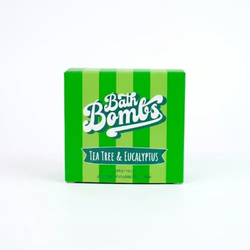 12 pack of Happy Hippo Bath Co Tea Tree and Eucalyptus Cube Bombs in sustainable packaging