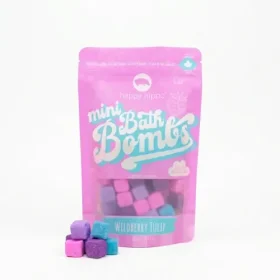 Bag of Happy Hippo Bath Co Wildberry Tulip Mini Bath Bombs showing colorful cubes