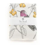Unfolded Porchlight Press Anna's Hummingbird tea towel showing the detailed botanical illustration