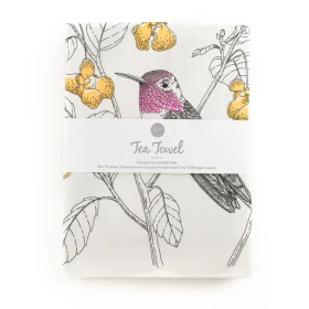 Unfolded Porchlight Press Anna's Hummingbird tea towel showing the detailed botanical illustration