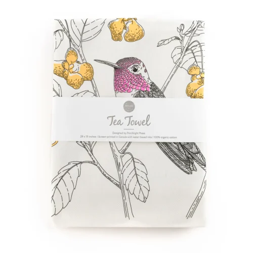 Unfolded Porchlight Press Anna's Hummingbird tea towel showing the detailed botanical illustration