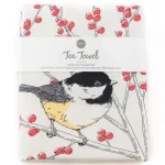 Unfolded Porchlight Press Chickadee tea towel showing the detailed woodland bird illustration