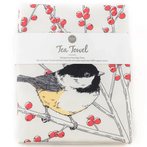 Unfolded Porchlight Press Chickadee tea towel showing the detailed woodland bird illustration