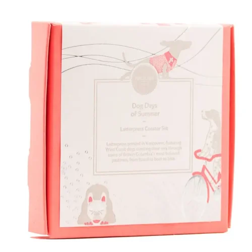 Eight pack of Porchlight Press Dog Days of Summer letterpress coasters showcasing four dog designs in coral box