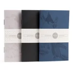 Set of three Porchlight Press Monochromatic Birds pocket notebooks displaying the Steller's Jay, Whiskey Jack, and Raven designs