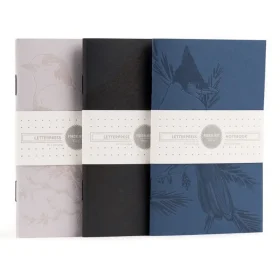 Set of three Porchlight Press Monochromatic Birds pocket notebooks displaying the Steller's Jay, Whiskey Jack, and Raven designs