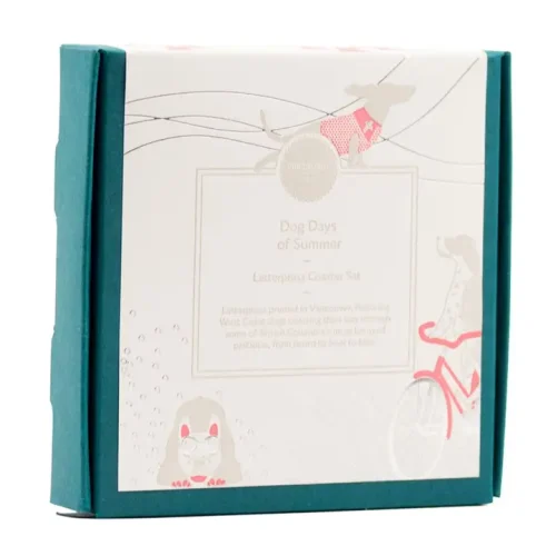 Eight pack of Porchlight Press Dog Days of Summer letterpress coasters showcasing four dog designs in teal box