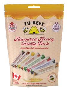 TuBees Honey Variety Pouch containing eight distinct flavored mini honey squeeze packs