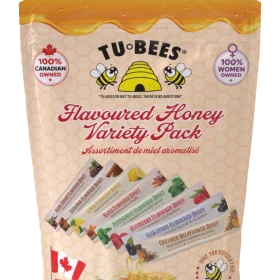 TuBees Honey Variety Pouch containing eight distinct flavored mini honey squeeze packs