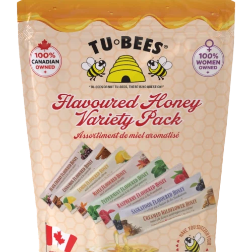 TuBees Honey Variety Pouch containing eight distinct flavored mini honey squeeze packs