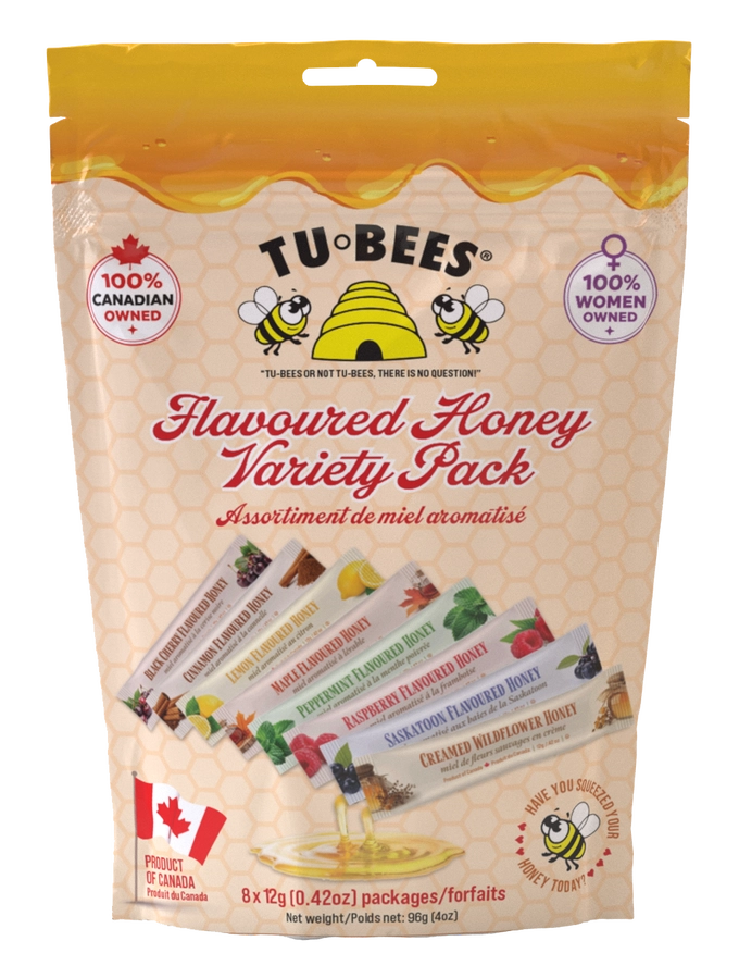 Tu-bees variety pack TuBees Honey Variety Pouch containing eight distinct flavored mini honey squeeze packs