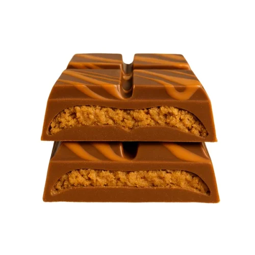 Bisco Chocolate Bar (Dubai Chocolate Bar) Close-up of a broken Astro Snacks Bisco Dubai Chocolate Bar showing the creamy cookie butter and kataifi filling against a pure white background