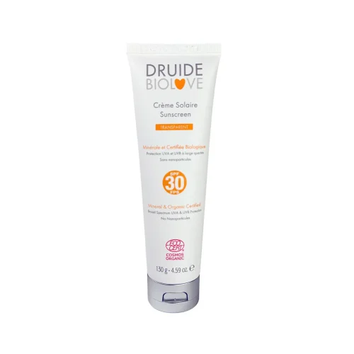 Druide Sunscreen SPF30 tube standing on a plain white background