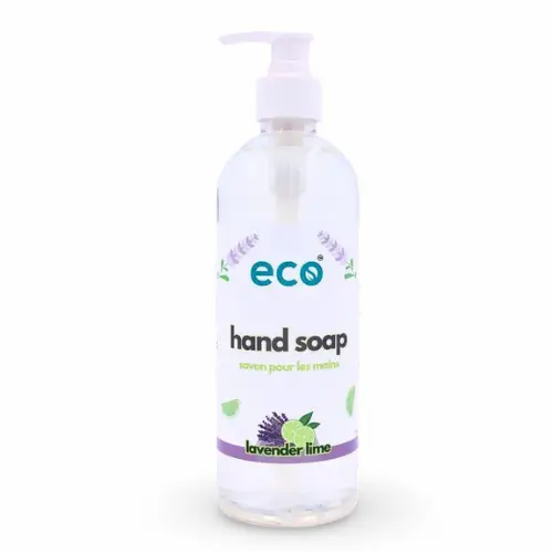 Eco Company 500ml hand soap dispenser bottles showing different scent labels against a plain white background