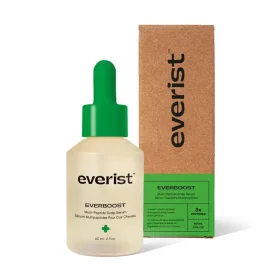 Everist EverBoost Multi-Peptide Scalp Serum glass bottle standing open with its dropper resting on top