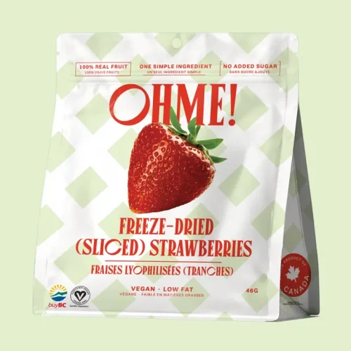 OHME! Foods Freeze Dried Sliced Strawberries bag standing neatly against a plain background