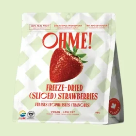 OHME! Foods Freeze Dried Sliced Strawberries bag standing neatly against a plain background