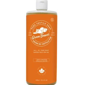 Green Beaver Zesty Orange All-in-One Pure Castile Soap bottle standing on a plain white background