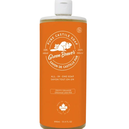 Green Beaver Zesty Orange All-in-One Pure Castile Soap bottle standing on a plain white background