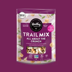Healthy Crunch All About The Crunch Trail Mix bag standing on a plain white background